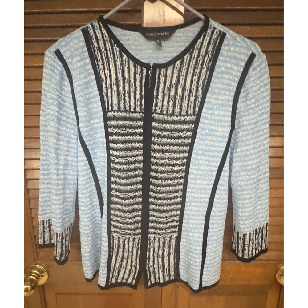 Ming Wang Women's M Textured Knit Jacket Blue‎ Black White Open Front Career